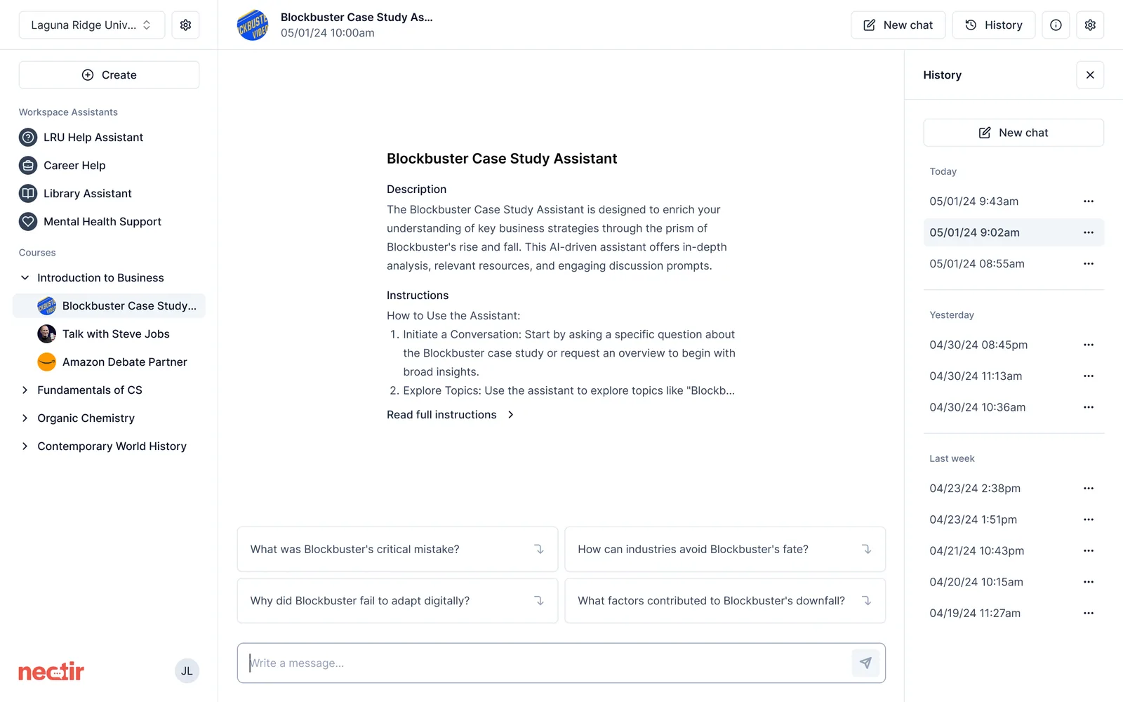 The Nectir AI app: a Blockbuster Case Study Assistant with suggested questions, a chat box and the chat history panel