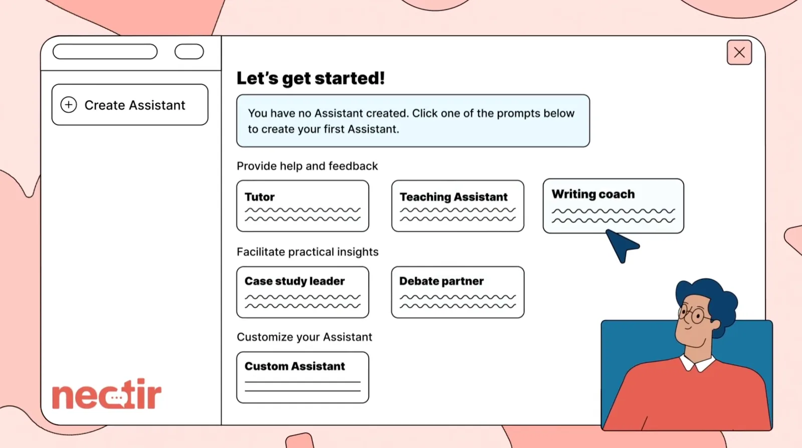 Illustration of the Create Assistant screen with starter templates such as Tutor, Teaching Assistant, Writing coach, Case study leader and Debate partner