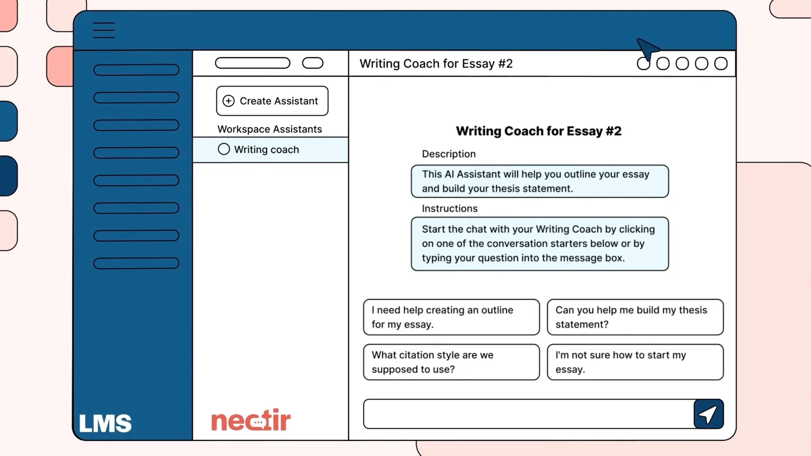 Illustration of a Writing Coach assistant open inside an LMS, with conversation starters such as I need help creating an outline for my essay