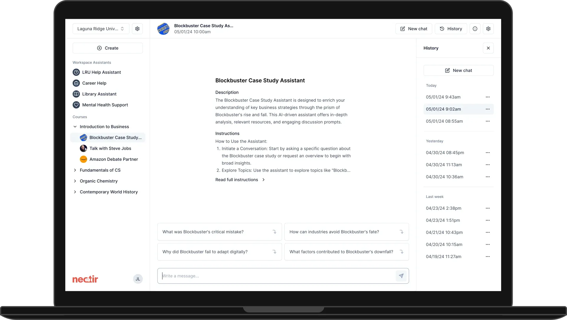 The Nectir AI app on a laptop: a Blockbuster Case Study Assistant with its description, instructions, suggested questions and chat history, next to a workspace sidebar of course assistants