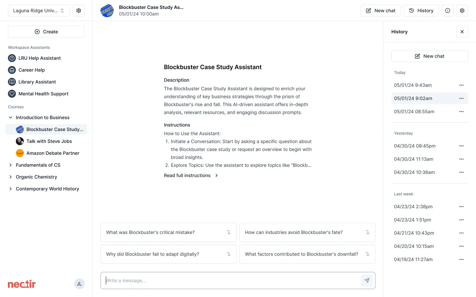 The Nectir AI app: a Blockbuster Case Study Assistant with suggested questions, a chat box and the chat history panel