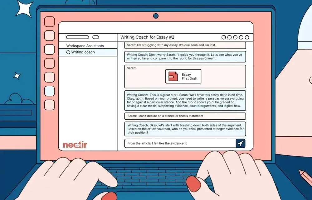 Illustration of a student typing to a Nectir Writing Coach Assistant on a laptop